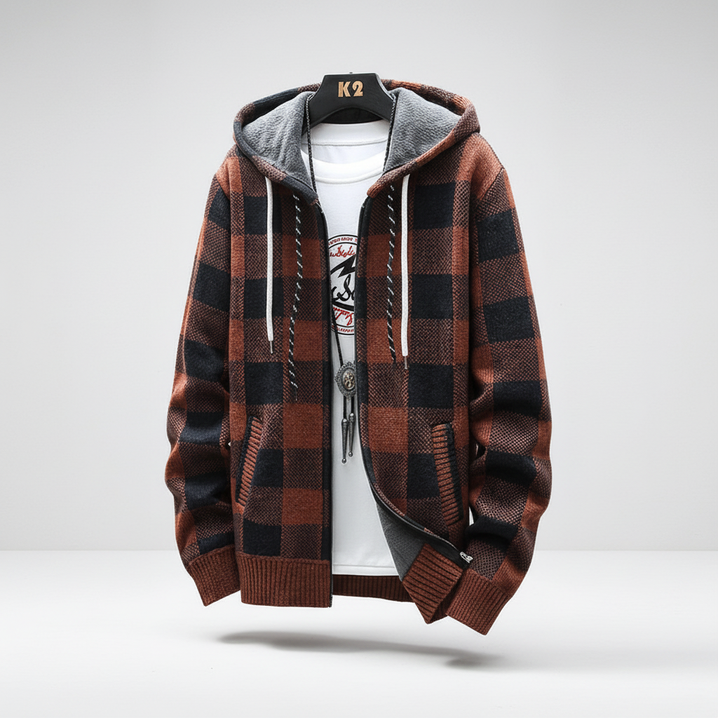 Nordspur | Hooded Plaid Knit Cardigan