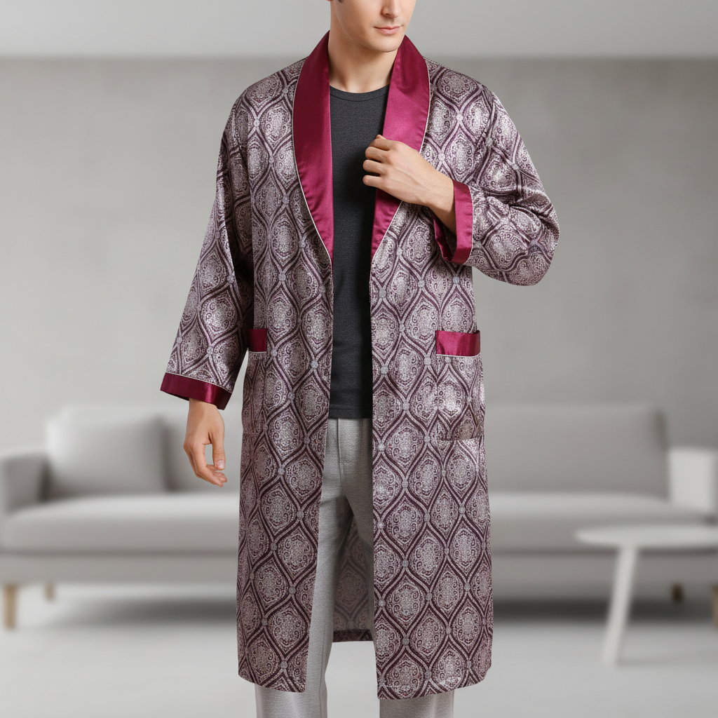 Mens Long Kimono Robe with Geometric Print